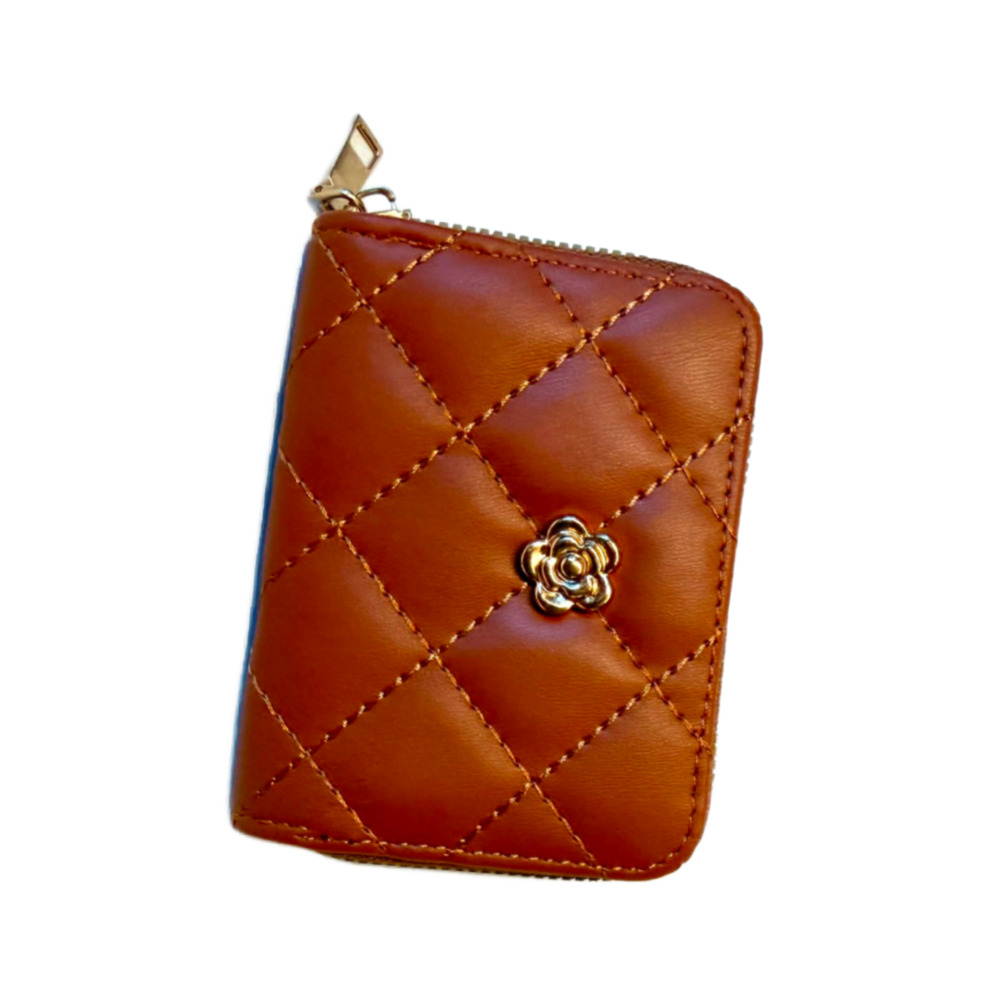 Brown Quilted Credit Card Wallet w/ Zipper Closer NEW